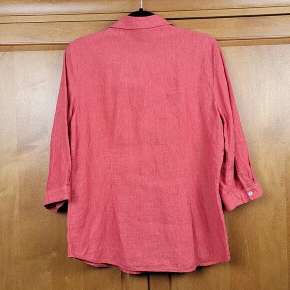 Richard Malcolm 3/4 Sleeve Coral Red 100% Irish Linen Diamond Pattern Blouse - L - Picture 2 of 6